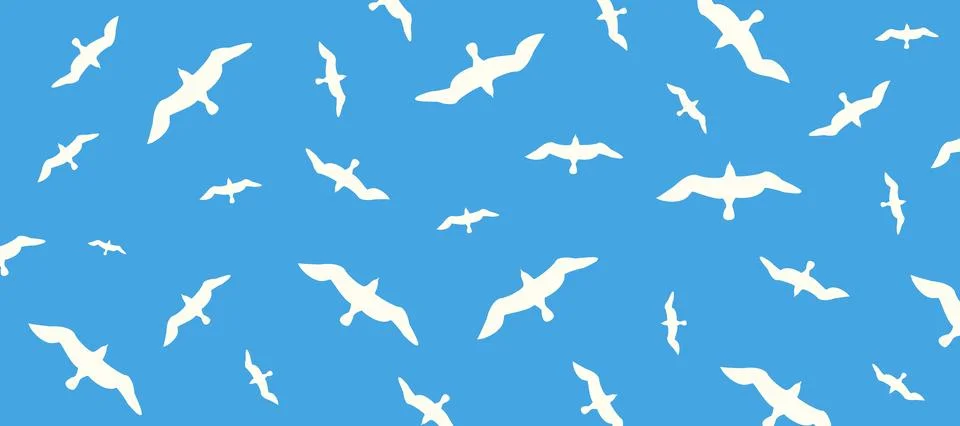 Seagulls soaring in the cloudless blue sky. Horizontal patterned background Stock Illustration