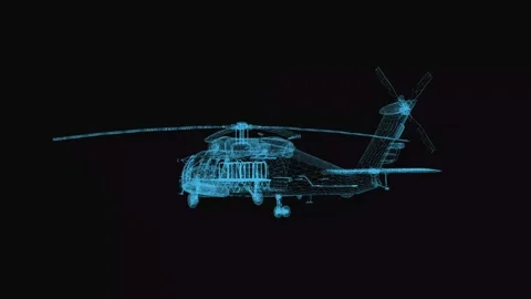 Seahawk helicopter wireframe scheme. 3d render with blue grid lines. Loop rotat Stock Footage 172065356