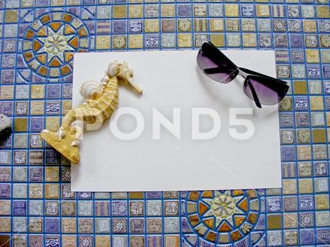 Seahorse and spectacles onceptual travel with place for message on the blue m Stock Photos