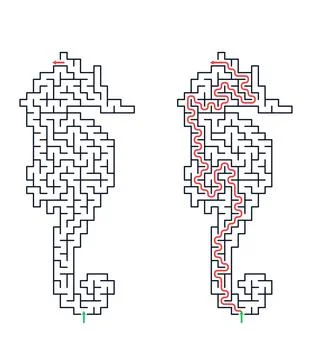 Seahorse maze puzzle with solution. Educational game for child to improve log Stock Illustration