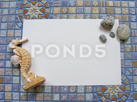Seahorse with place for message on the blue mosaic background Stock Photos
