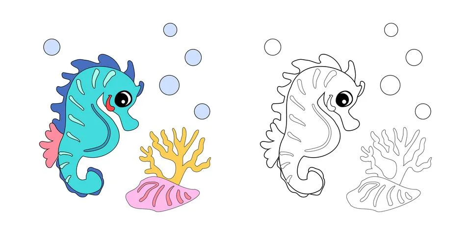 Seahorse with shells, bubbles and algae in the ocean. For posters, prints on Illustrazione stock