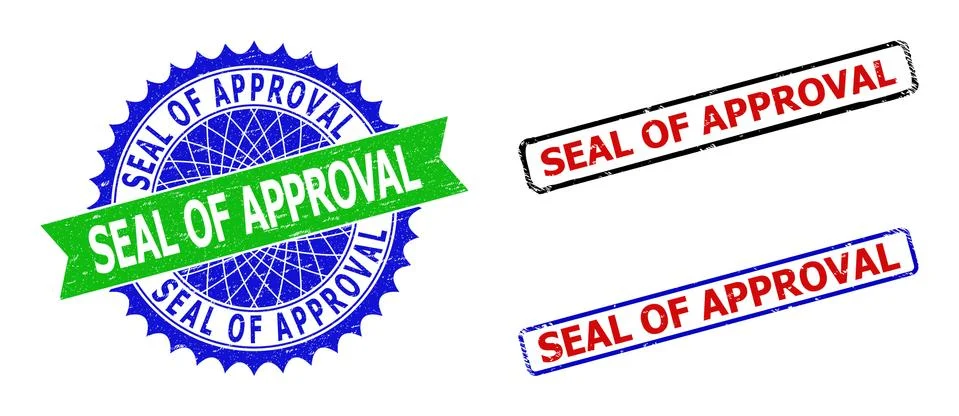 SEAL OF APPROVAL Rosette and Rectangle Bicolor Watermarks with Corroded Textures Stock Illustration