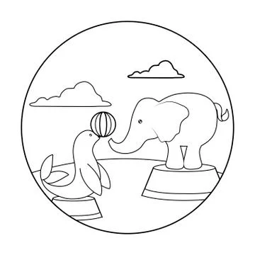 Seal with elephant of circus with ball in frame circular Illustrazione stock
