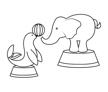 Seal with elephant of circus with ball Illustrazione stock