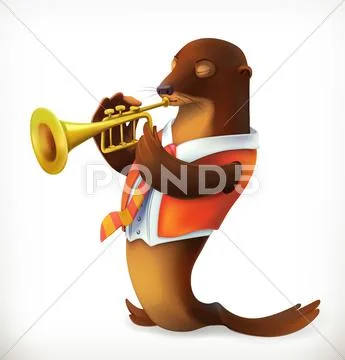 Seal playing trumpet, funny character, vector mesh Stock Illustration
