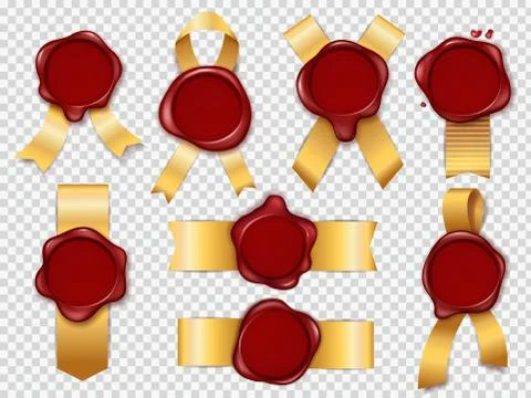 Seal stamps. Red wax elements with golden ribbon for secret confidential Stock Illustration