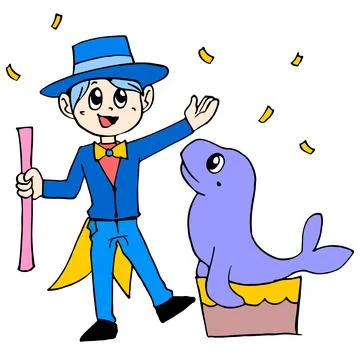 The seal trainer is performing a circus stunt Stock Illustration