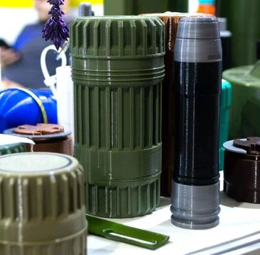 Sealed match container grenade launcher shot other elements printed 3D printer Stock Photos