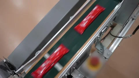 Sealed red pouches spaced along a green conveyor belt travelling diagonally Stock Footage 342319378