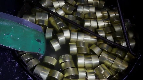 Sealed tin cans with meat are moving further along the conveyor Stock Footage 94156572