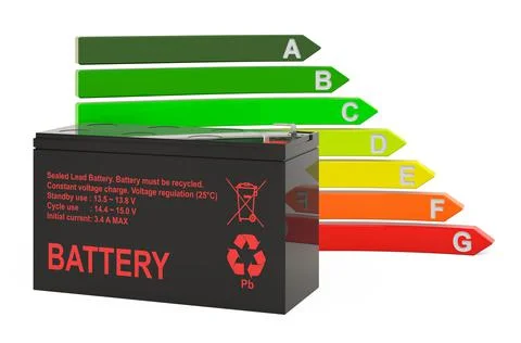 Sealed UPS battery with energy efficiency chart, 3D rendering Stock Illustration