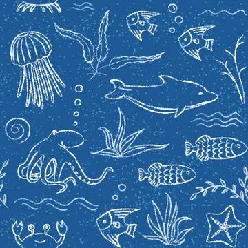 Sealife hand drawn seamless pattern Stock Illustration