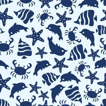 Sealife seamless pattern with fish, sea stars, crabs and dolphins イラスト素材