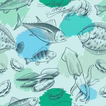 Sealife seamless pattern with grunge elements. Ocean texture with fish, shell Stock Illustration