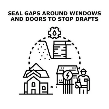 Sealing gaps around windows and doors preventing drafts Stock Illustration