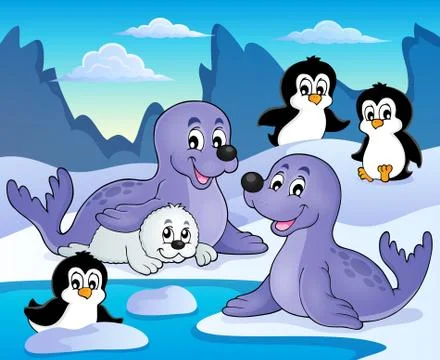 Seals and penguins theme image - eps10 vector illustration. Stock Illustration