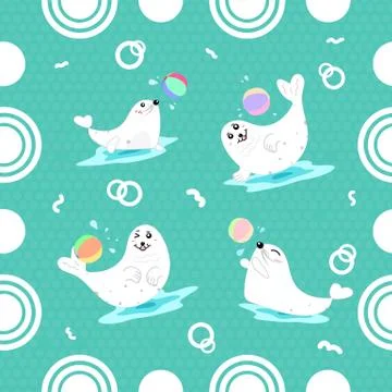 Seals playing ball seamless pattern cartoon cute, kids background Stock Illustration