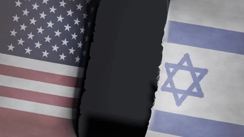 Seam appearing center in studio, US and Israel flags tearing, revealing black Stock Footage 339194267