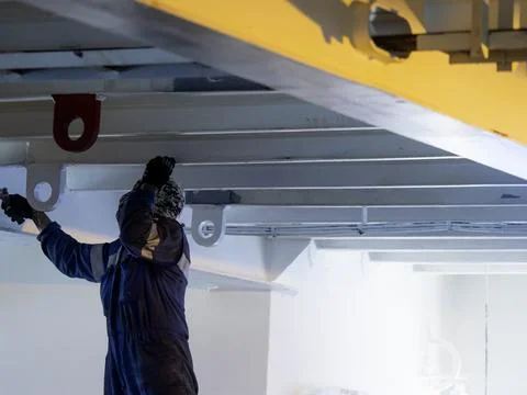 Seaman ship crew working on deck painting the at aft manouvering station Stock Photos