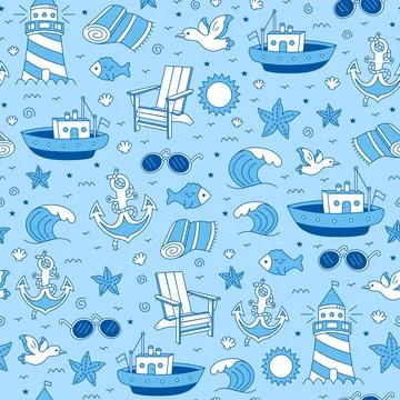 Sea,marine seamless pattern.Vector cartoon doodle hand drawn style character Illustrazione stock