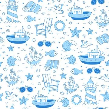Sea,marine seamless pattern.Vector cartoon doodle hand drawn style character Stock Illustration