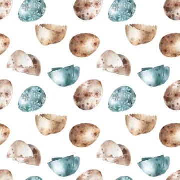 Seamelss pattern with cracked eggshell. Watercolor hand drawn set egg shell h Stock Illustration
