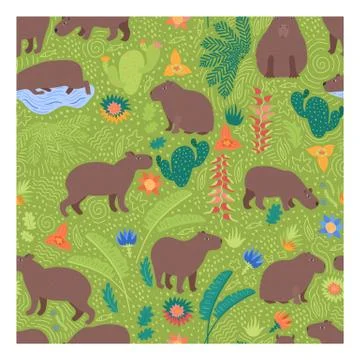 Seamleaa pattern on green with capybaras Stock Illustration