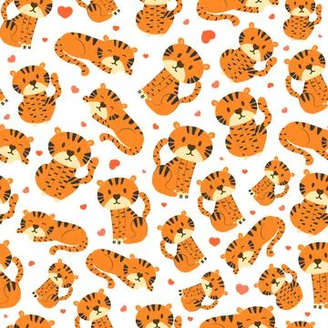 Seamleass pattern with cute tiger character on white background and heart sha 스톡 일러스트