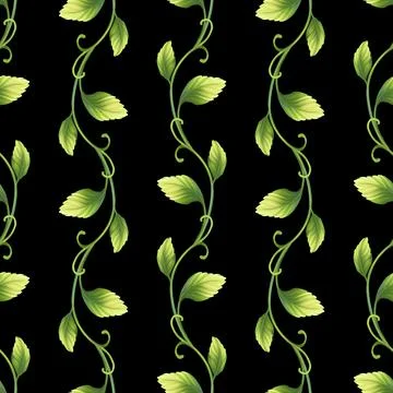 Seamlee vertical pattern of green leaves on black background. Stock Illustration