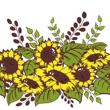 Seamles border pattern of yellow blooming sunflowers Stock Illustration
