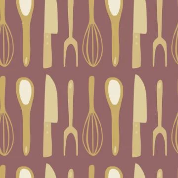 Seamles kitchen tools doodle pattern. Stylized knife, spoon, fork, corolla si Stock Illustration