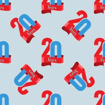 Seamles pattern for 20 year anniversary logo with red ribbon. Flat style texture Stock Illustration