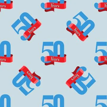 Seamles pattern for 50 year anniversary logo with red ribbon. Flat style texture Stock Illustration