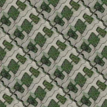 Seamles pattern of concrete road tile on the green grass path Stock Photos
