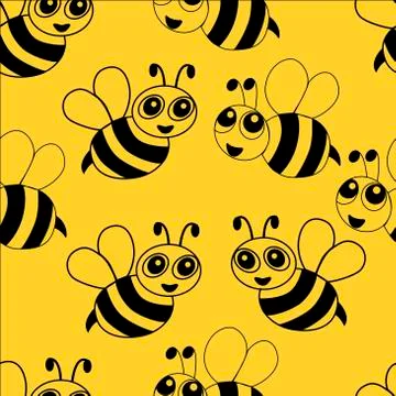 Seamles pattern of cute cartoon wasps on a yellow background. For the design of Stock Illustration