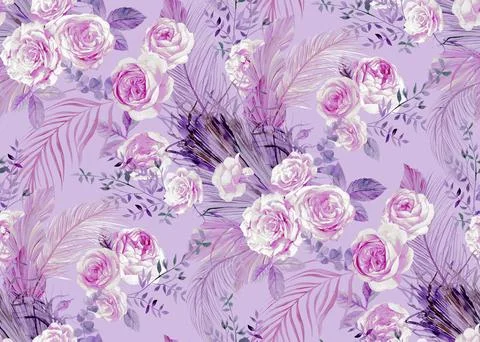 Seamles pattern with cute roses and tropical leaves of palm Illustrazione stock