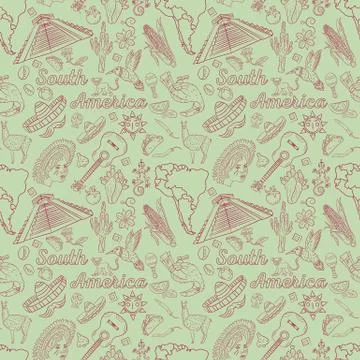 Seamless 1 pattern, contour drawing on South America theme, animals, people, Stock Illustration