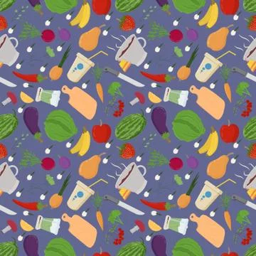 Seamless 1 pattern illustration of flat style vegetables and fruits berries f Stock Illustration
