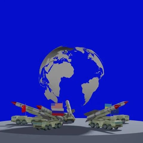 Seamless 1:1 format 3D animation featuring global missile launchers encirclin Stock Footage 329532916