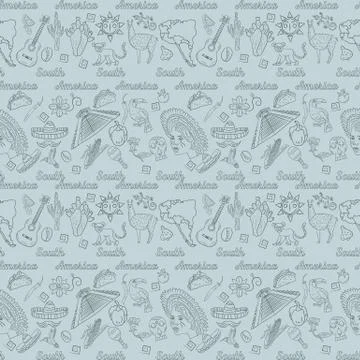 Seamless 2 pattern, contour drawing on South America theme, animals, people, Illustrazione stock