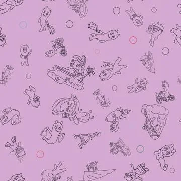 Seamless 2 pattern contour illustration of funny Doodle little men in Chibi s Stock Illustration