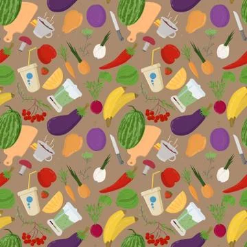 Seamless 2 pattern illustration of flat style vegetables and fruits berries f Stock Illustration