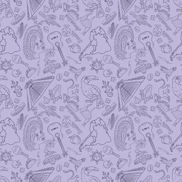 Seamless 3 pattern, contour drawing on South America theme, animals, people, Stock Illustration