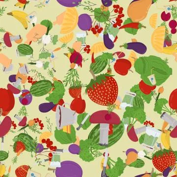 Seamless 3 pattern illustration of flat style vegetables and fruits berries f Stock Illustration
