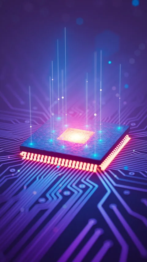Seamless 3D animation of glowing AI microchip technology Stock Footage 338886632