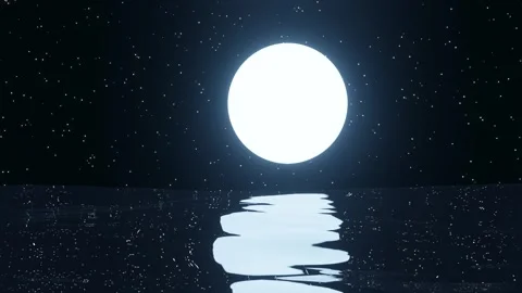 Seamless 3D Animation of Glowing Full Moon Reflecting on Starry Ocean Waves Vídeo Stock 344013983