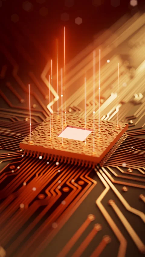 Seamless 3D Animation of a Glowing Futuristic AI Microchip Stock Footage 336447149
