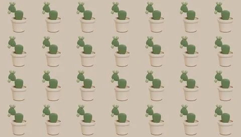 Seamless 3D cactus pot pattern at beige pastel background Stock Illustration