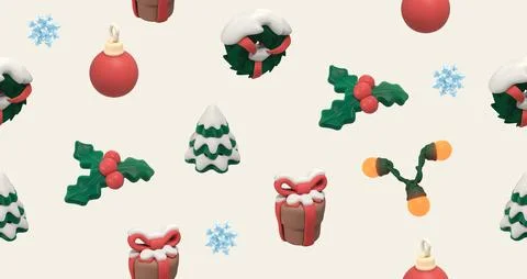 Seamless 3D Christmas Pattern with Gifts, Ornaments, Christmas Tree and Holly Stock Illustration